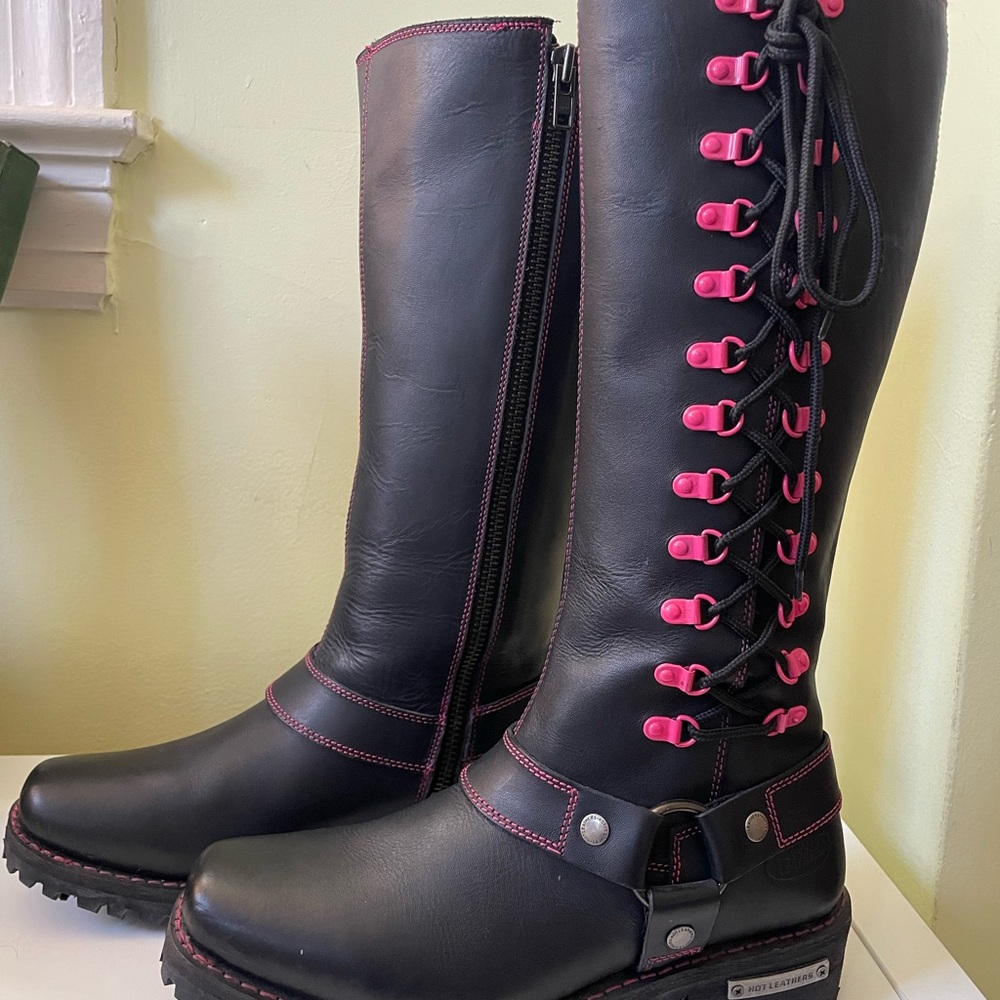 Black and Pink Knee High (14 inch) Leather Boots Side Zipper